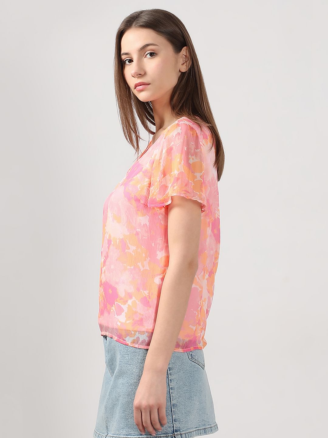Pink Printed V Neck Top