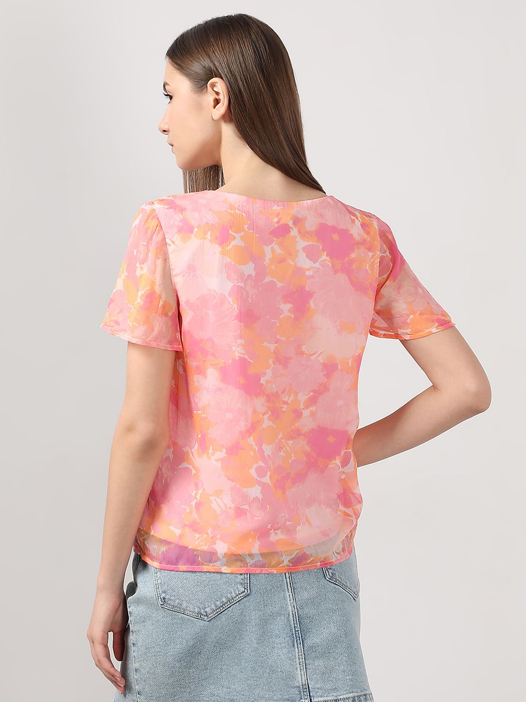 Pink Printed V Neck Top