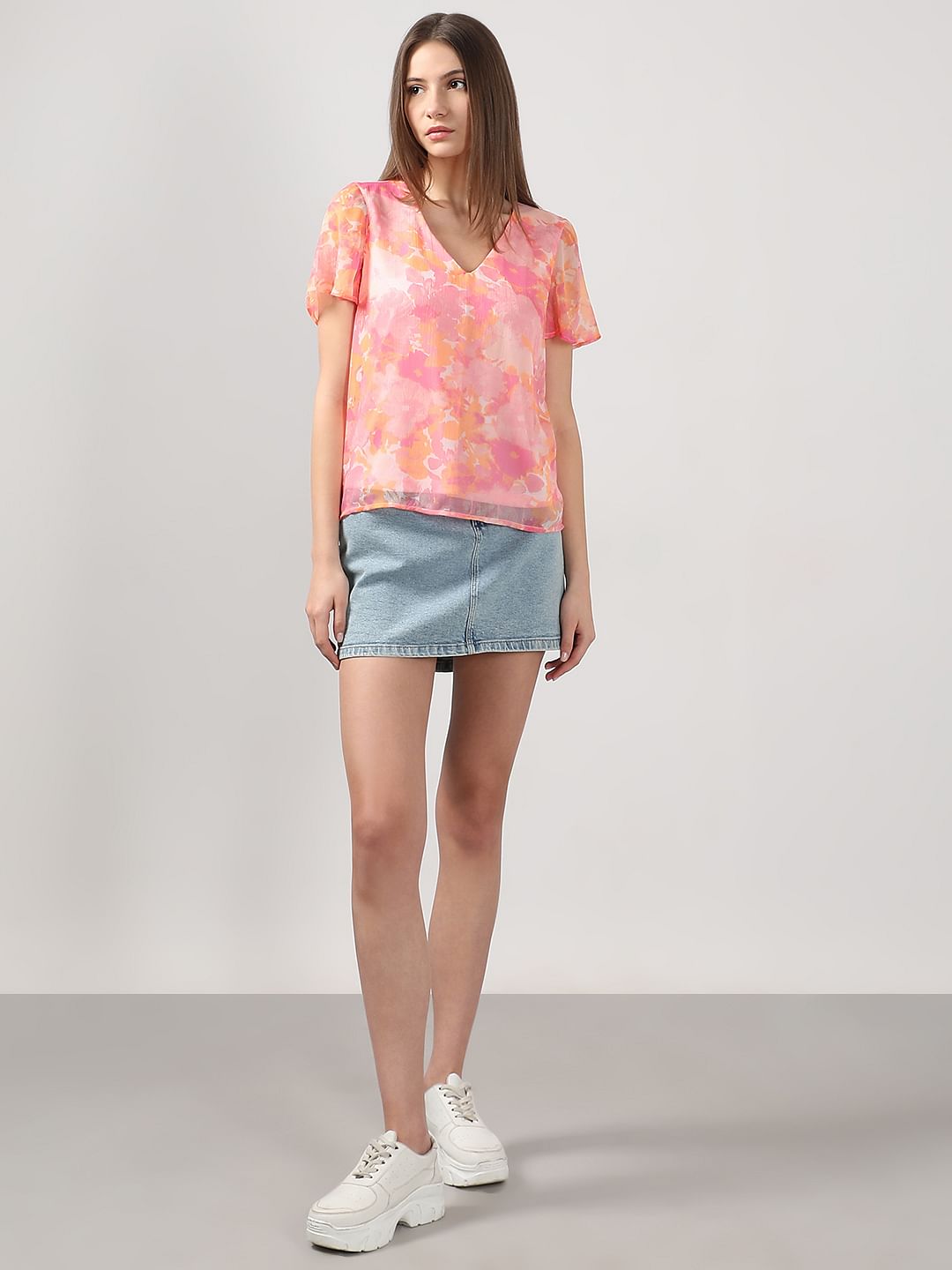 Pink Printed V Neck Top