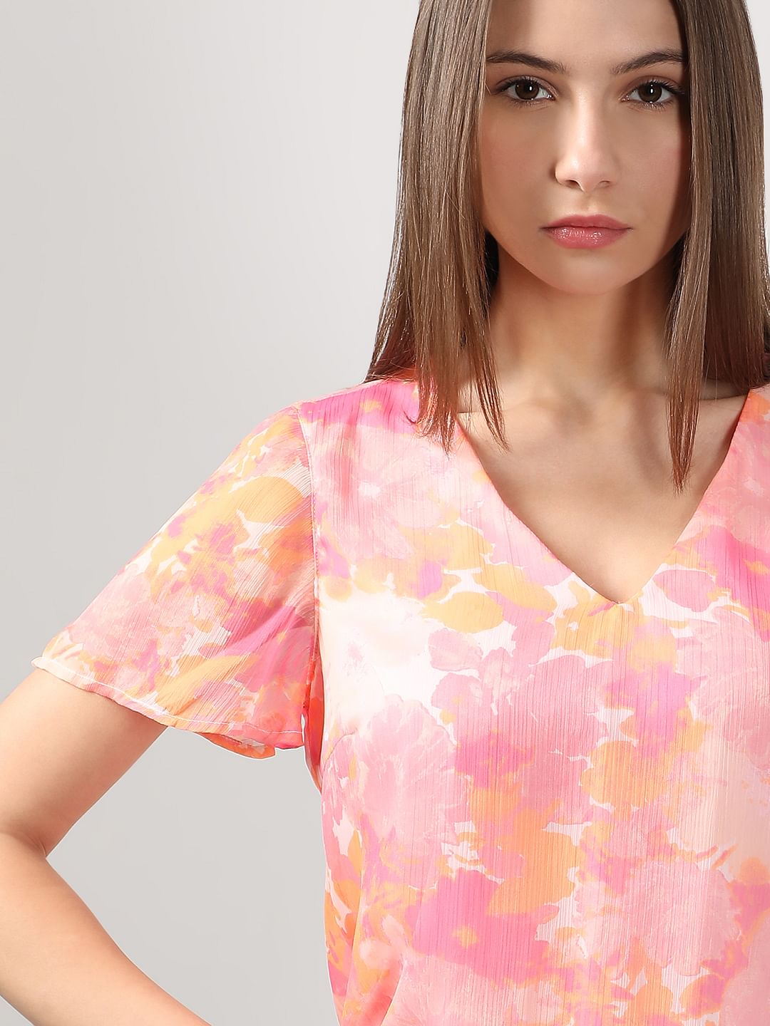 Pink Printed V Neck Top