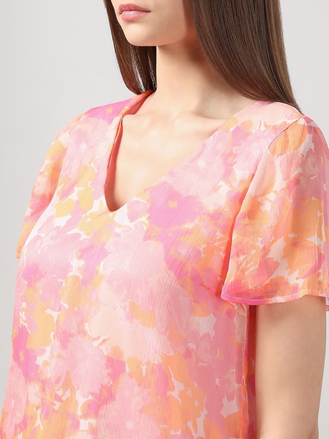 Pink Printed V Neck Top
