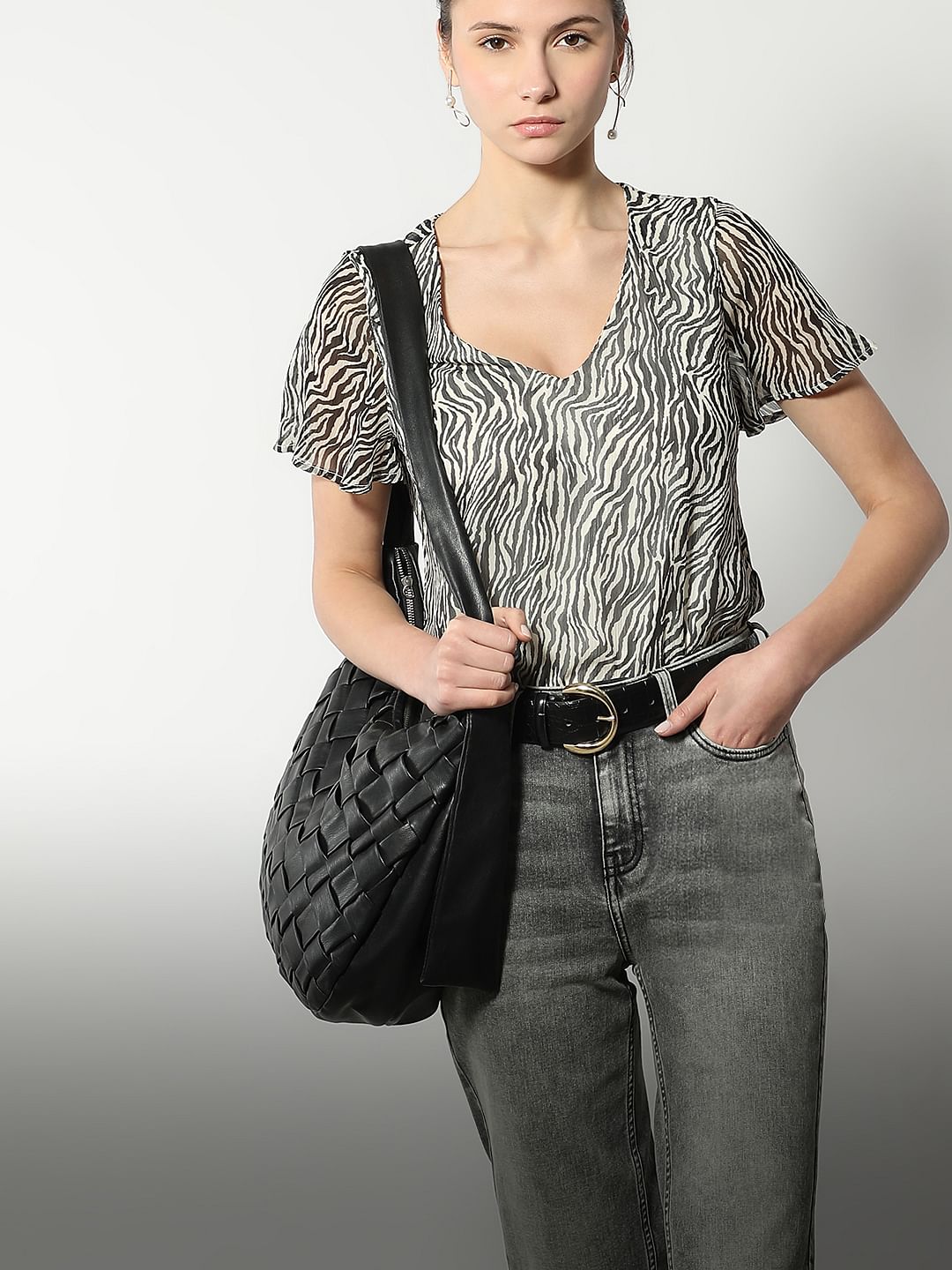 Black Printed V Neck Top
