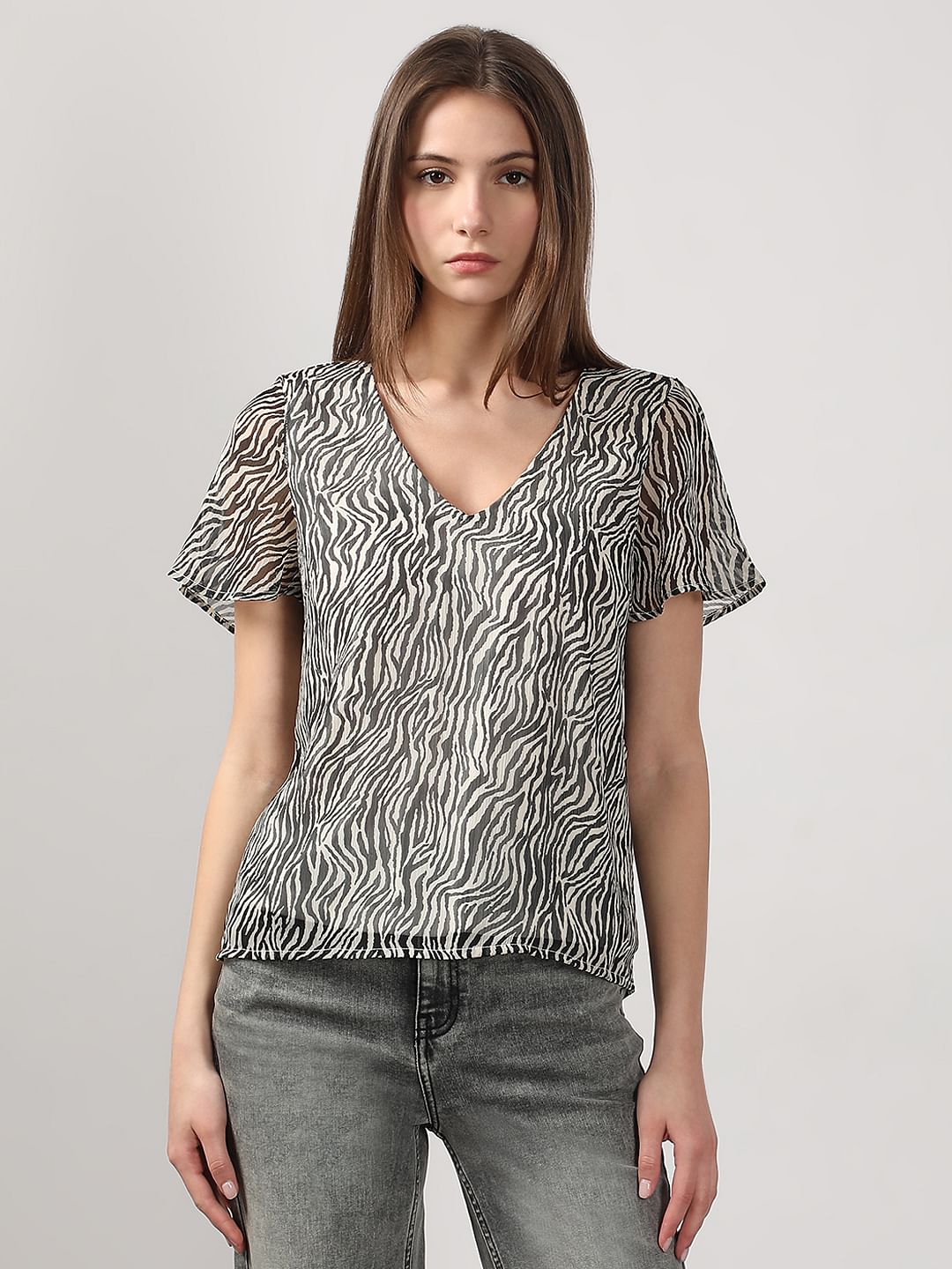 Black Printed V Neck Top