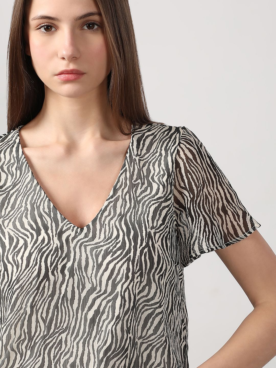 Black Printed V Neck Top