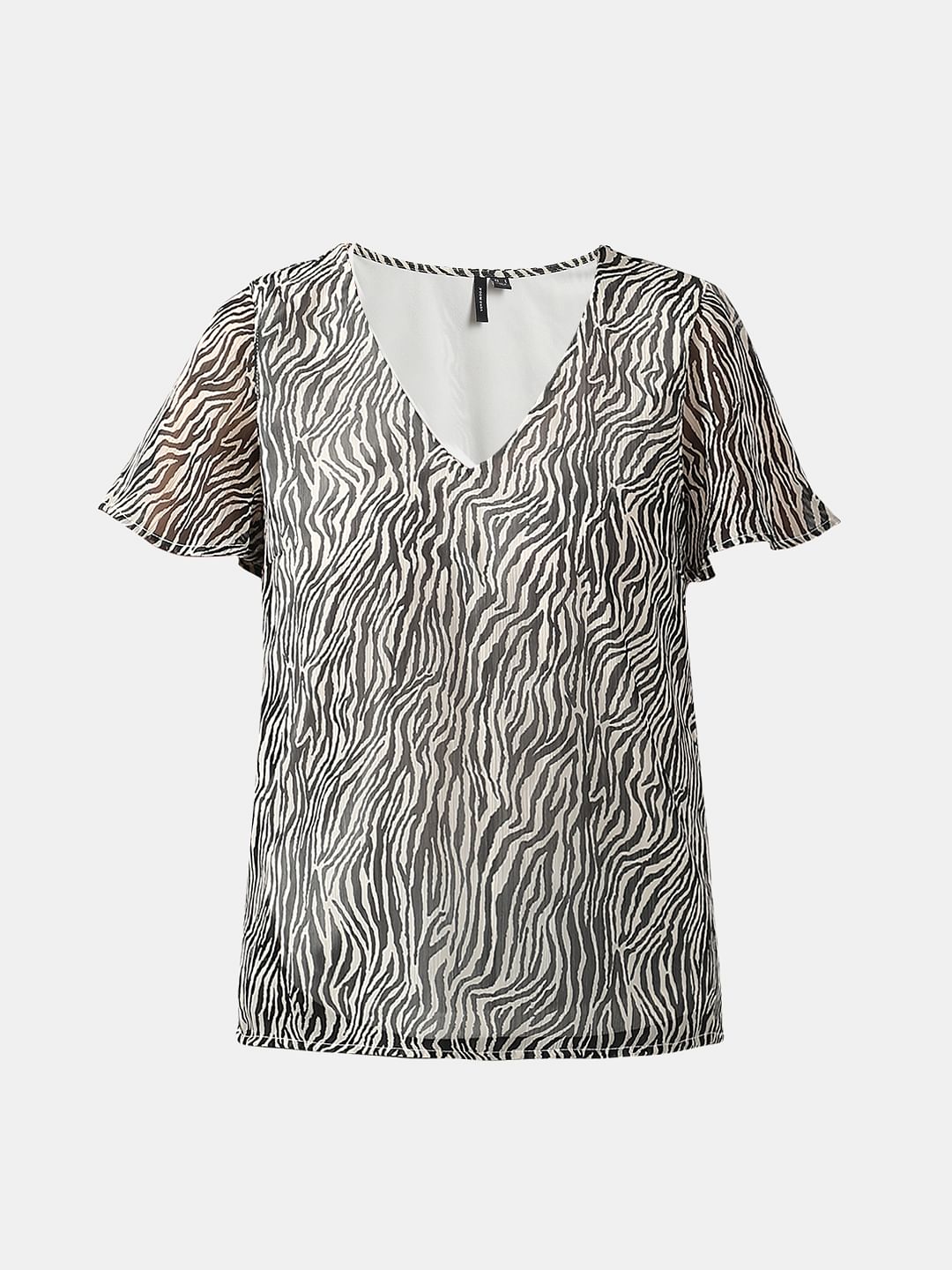 Black Printed V Neck Top