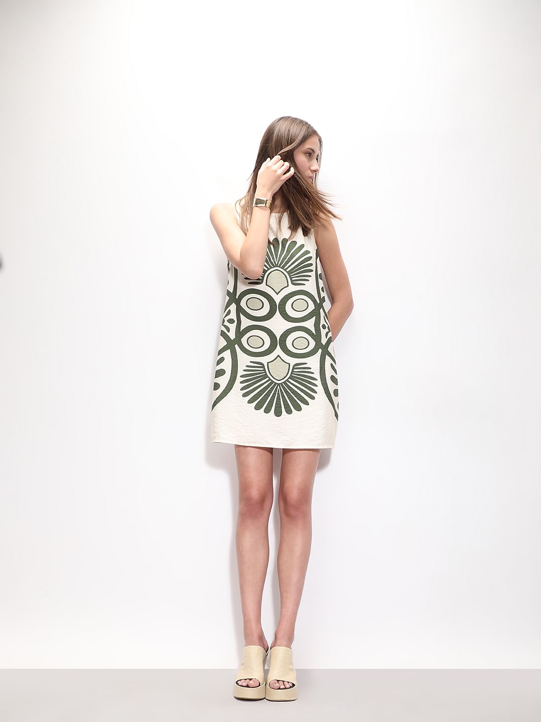 Ecru Printed Mini Dress