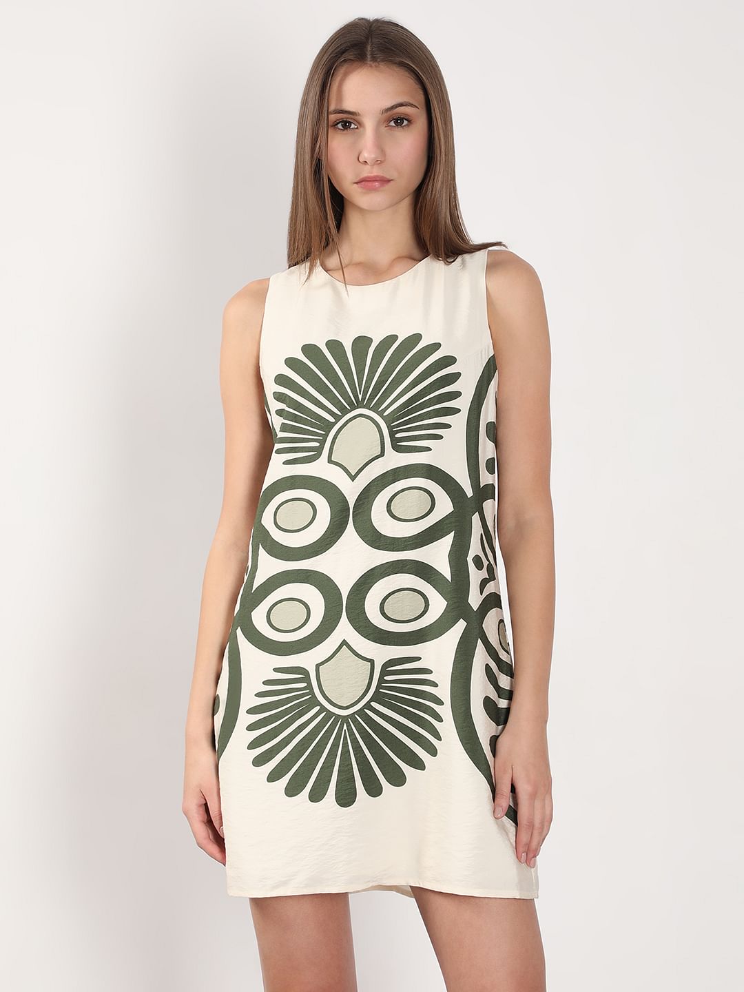 Ecru Printed Mini Dress