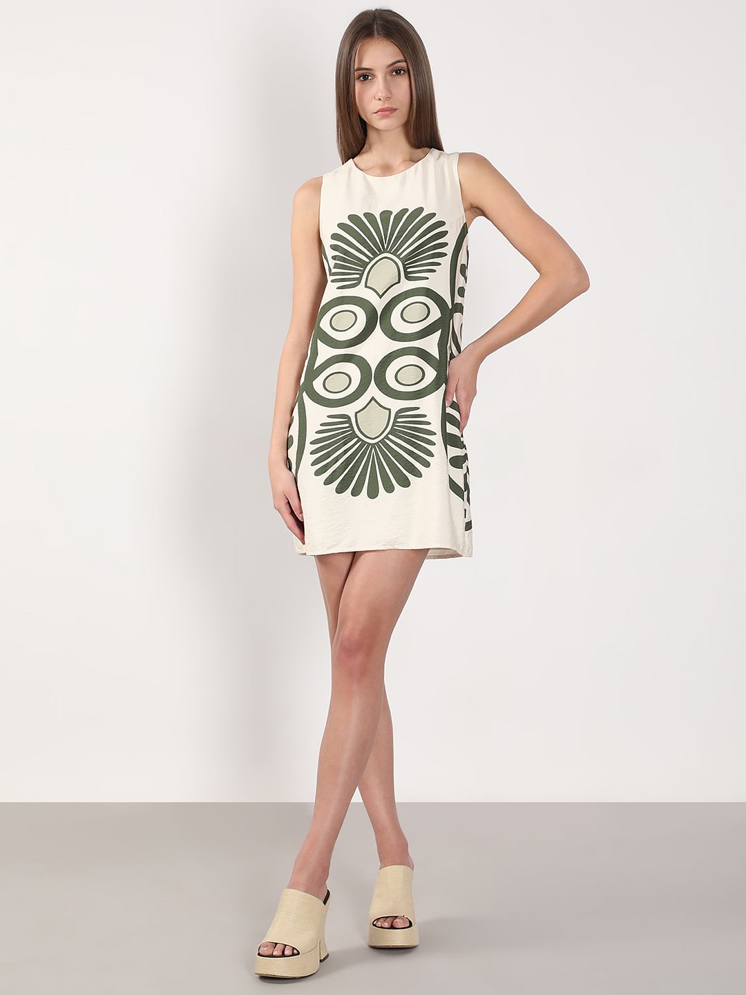 Ecru Printed Mini Dress