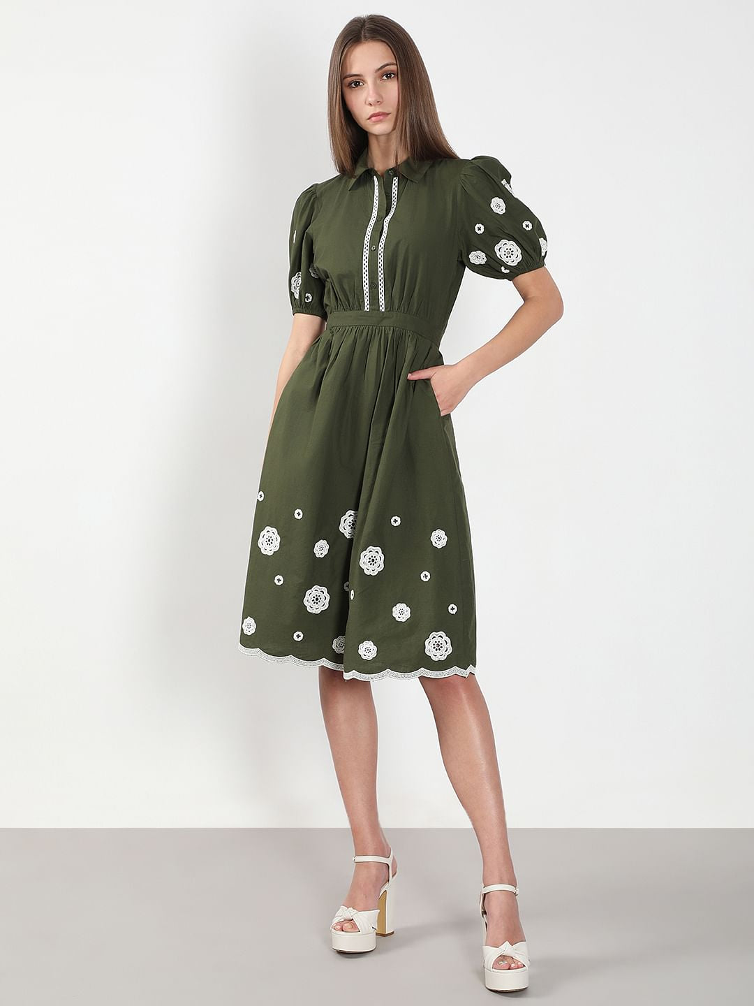 Olive Green Printed Midi Dress