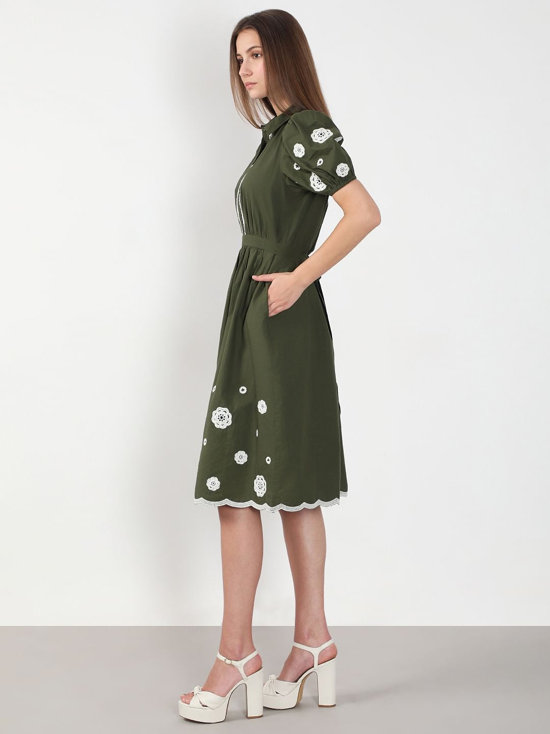Olive Green Printed Midi Dress