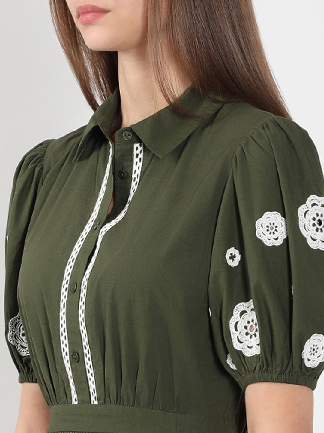 Olive Green Printed Midi Dress