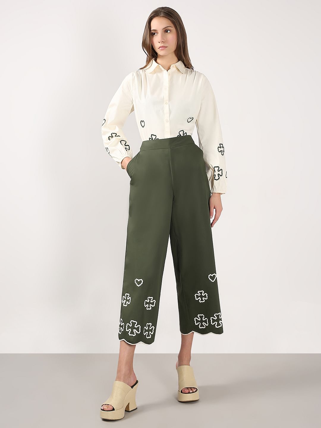 Olive Green Printed Co-Ord Set Pants