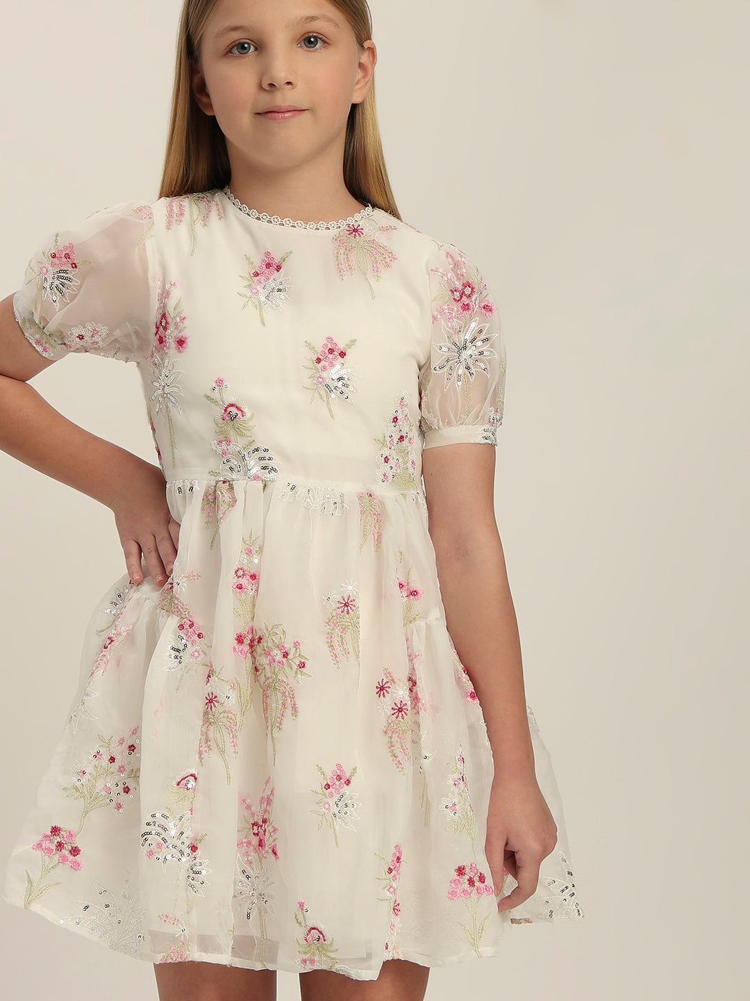 Girls Floral Puff-Sleeves Dress