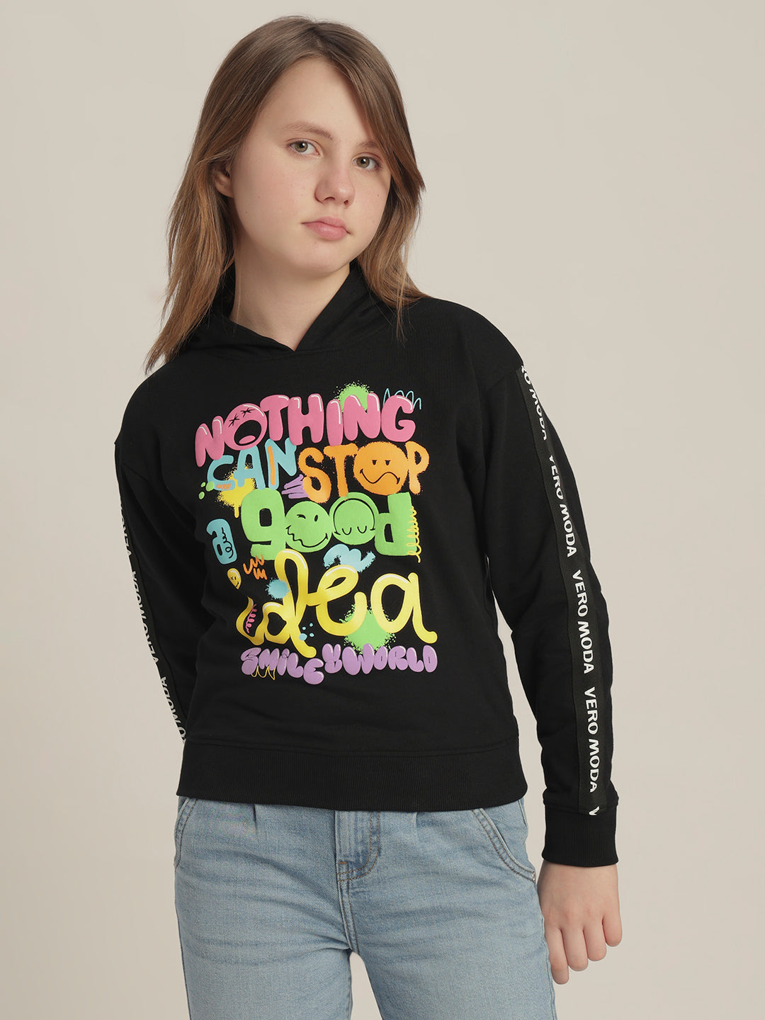 Girls Black Printed Hoodie