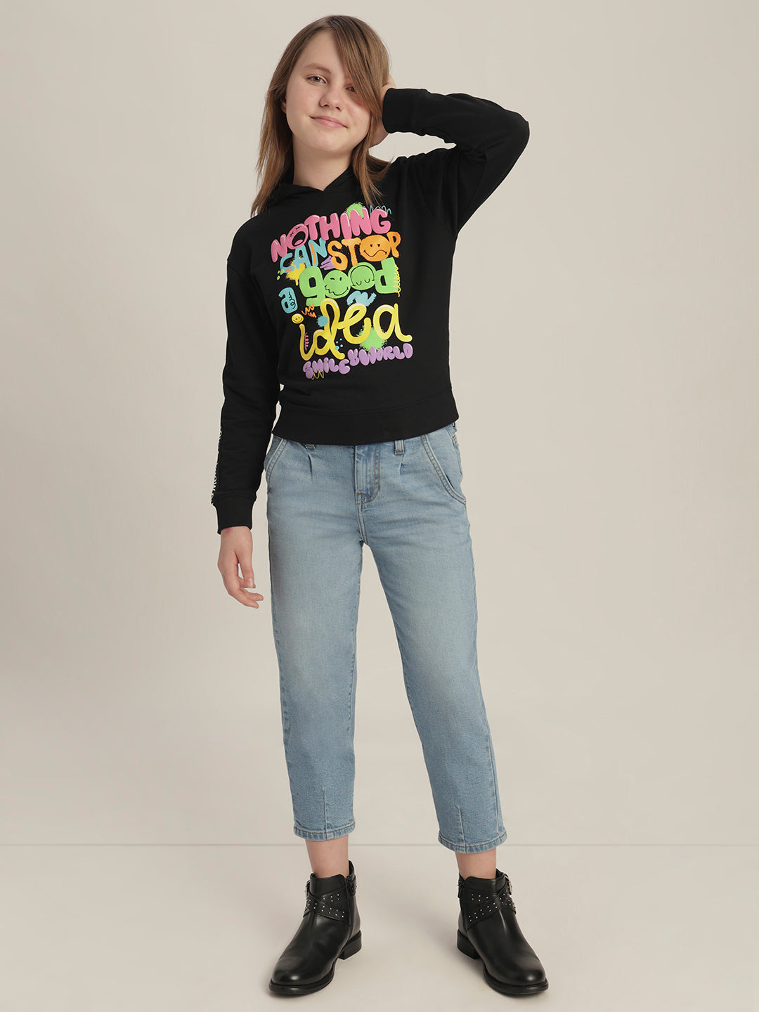 Girls Black Printed Hoodie