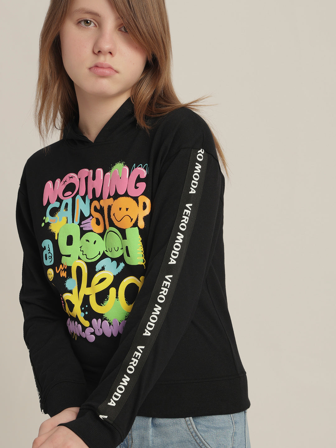 Girls Black Printed Hoodie