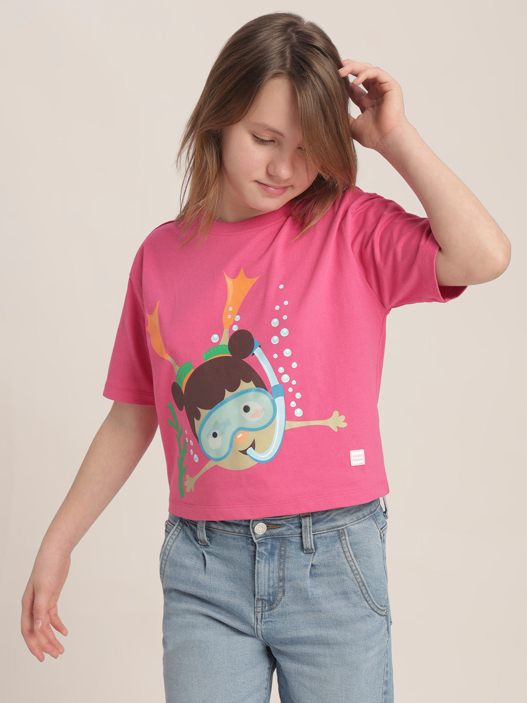 Girls Pink Printed Cotton T-shirt