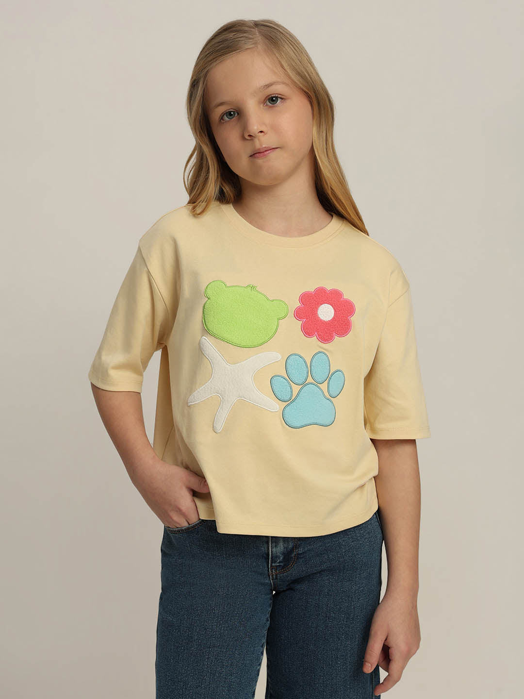 GIRLS Yellow Printed Cotton T-shirt