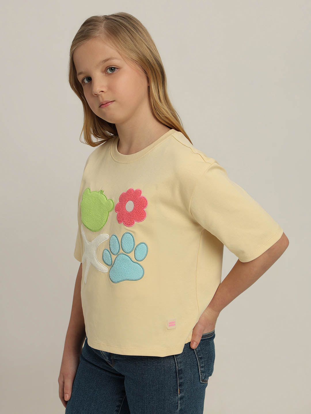 GIRLS Yellow Printed Cotton T-shirt