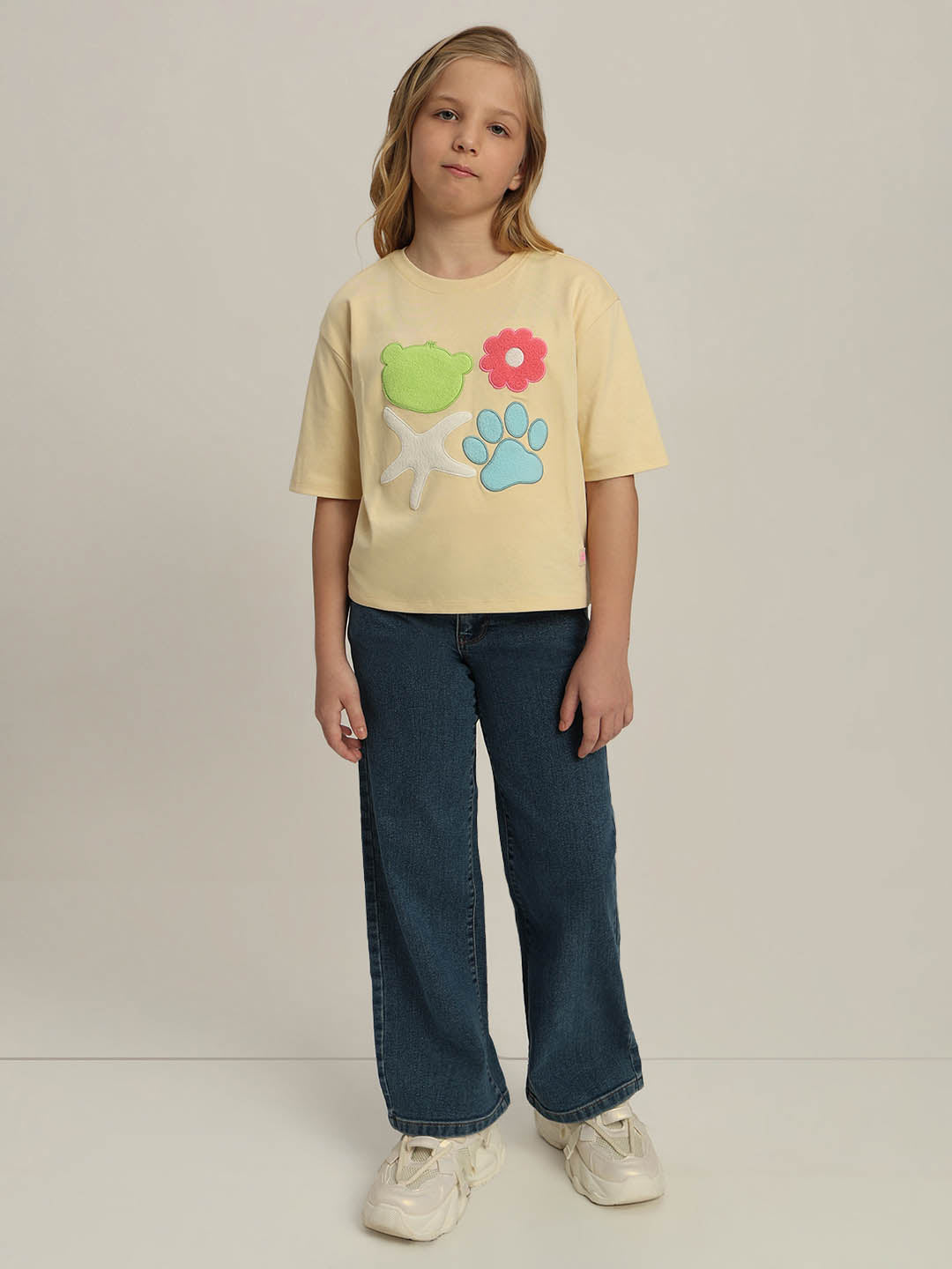 GIRLS Yellow Printed Cotton T-shirt