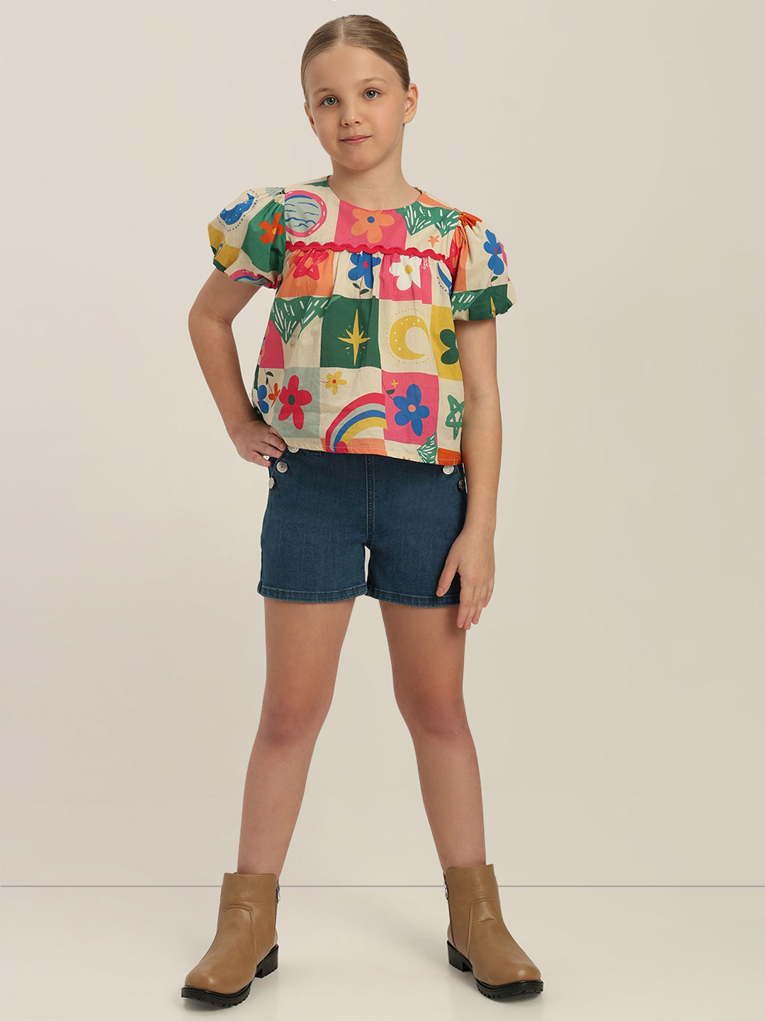 GIRLS Puff Sleeves Printed Top