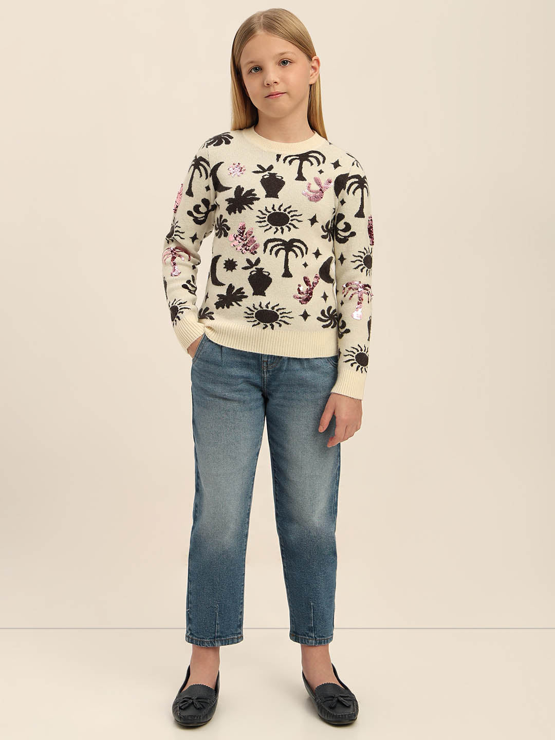 GIRLS Printed Round Neck Sweater