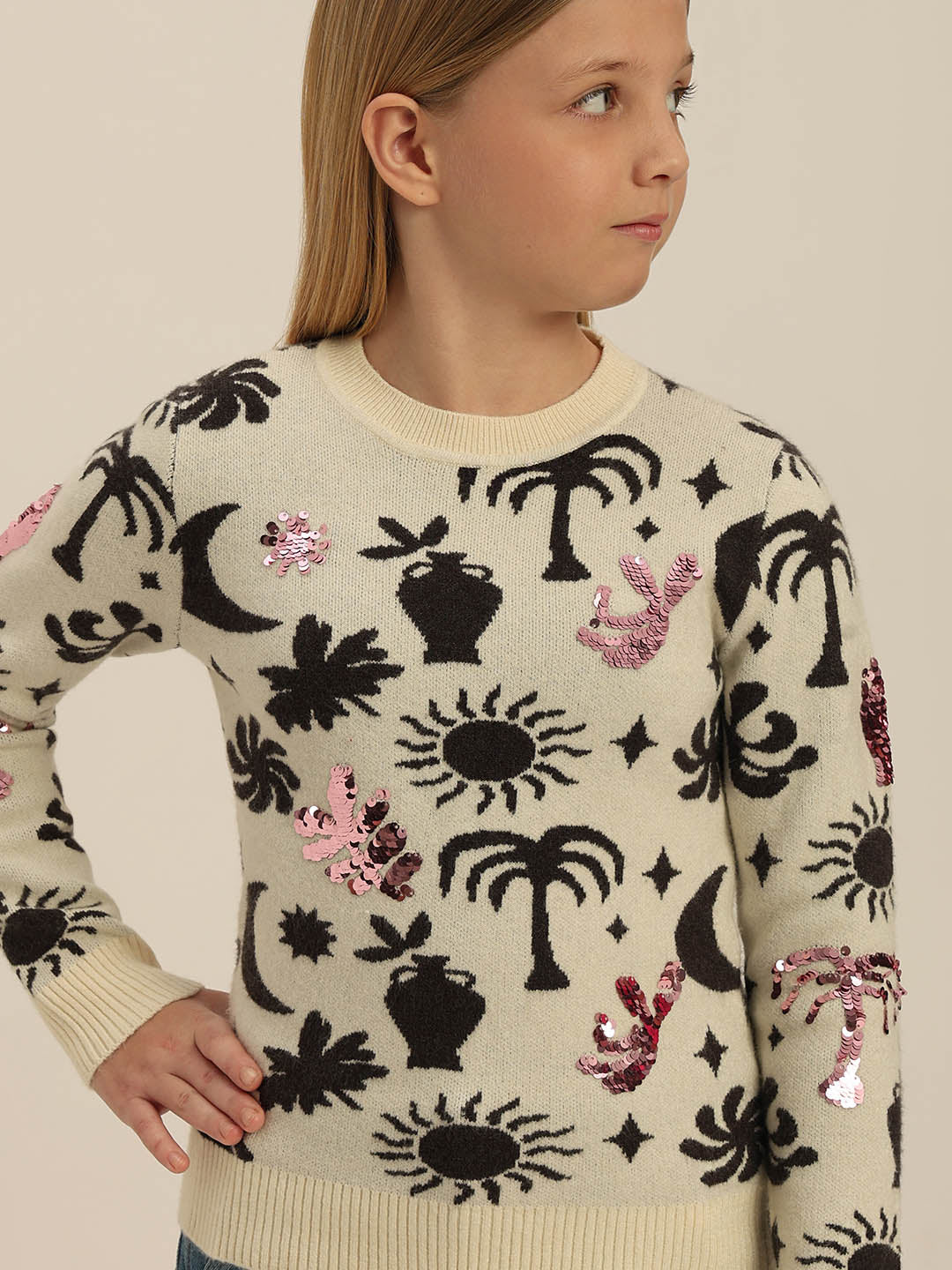 GIRLS Printed Round Neck Sweater