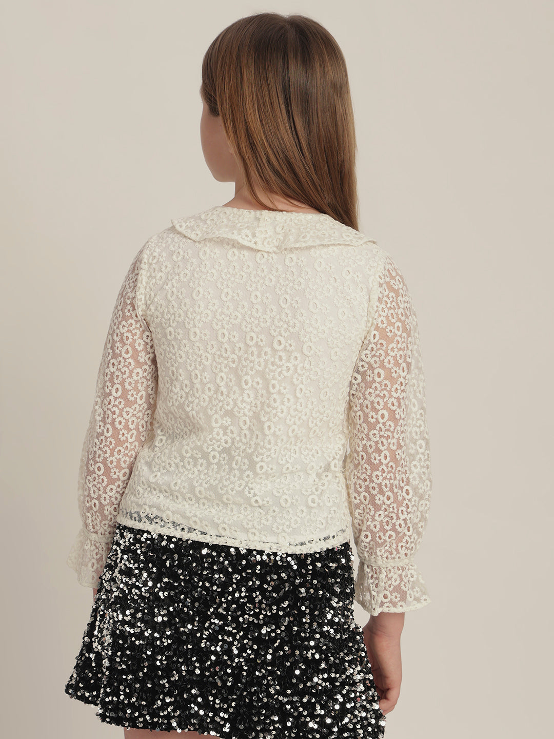 Girls Off-White Lace Ruffle Top