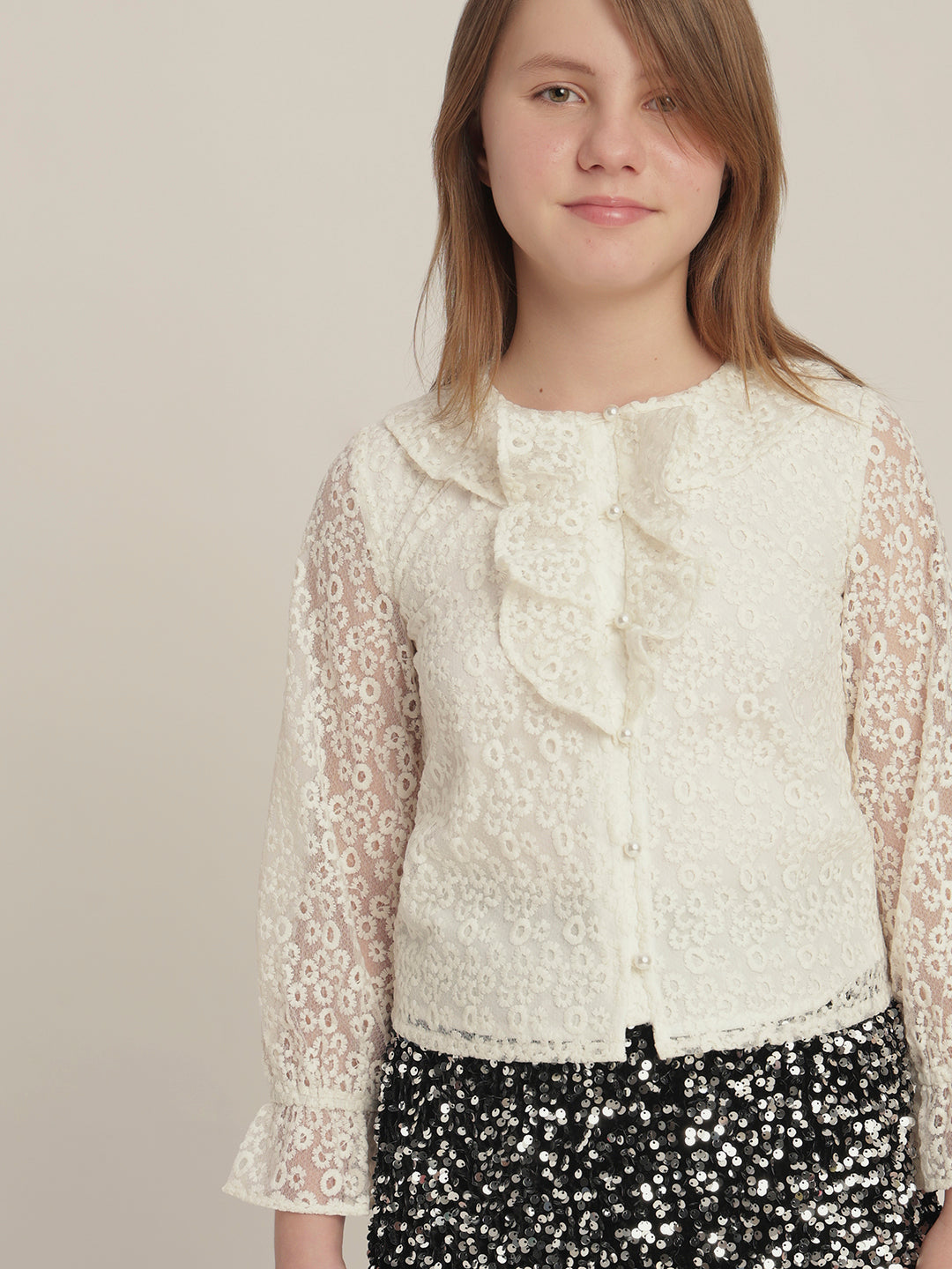 Girls Off-White Lace Ruffle Top