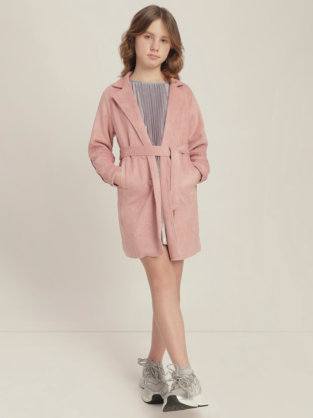 Girls Pink Belted Trench Coat