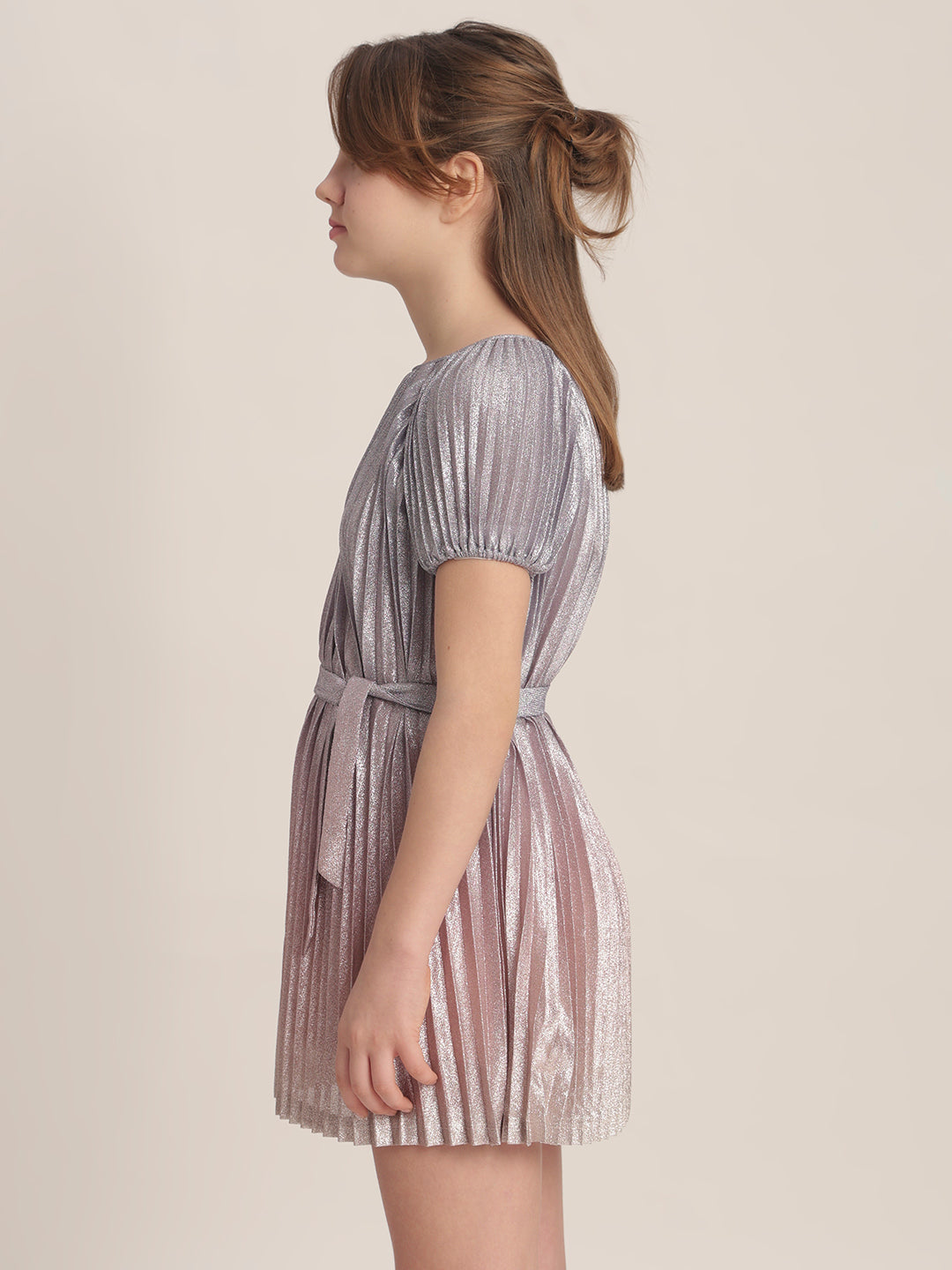 Girls Pleated Metallic Dress