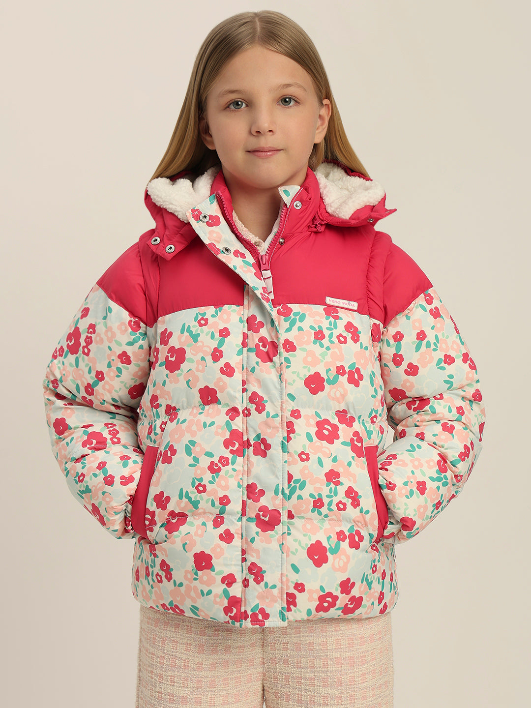 Girls Pink Printed Hooded Puffer Jacket