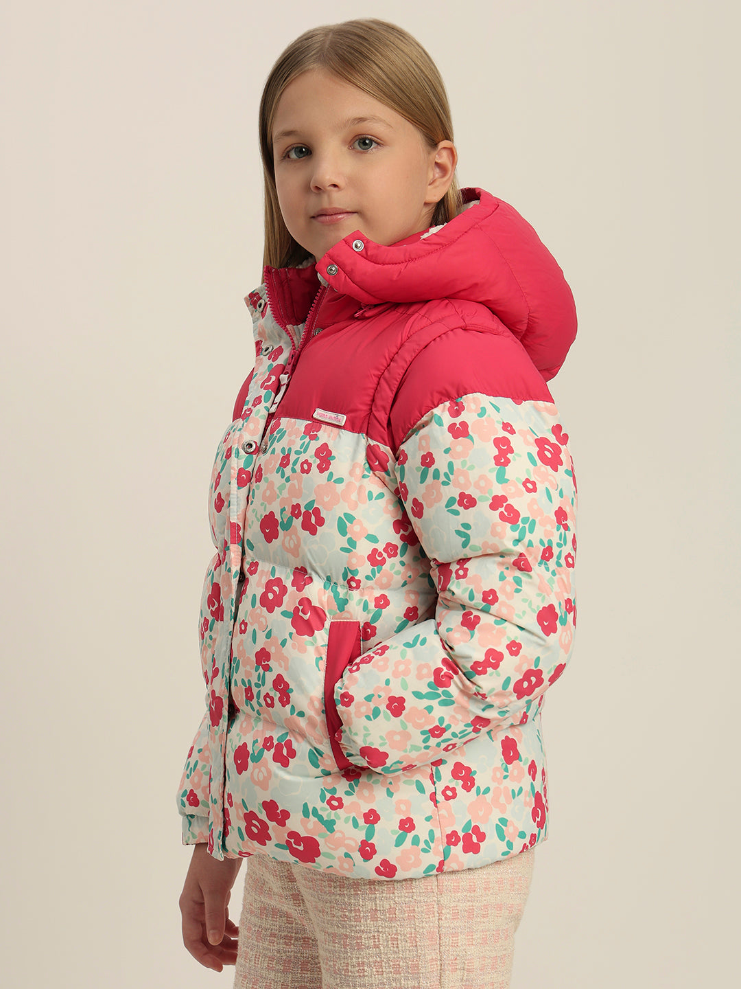 Girls Pink Printed Hooded Puffer Jacket
