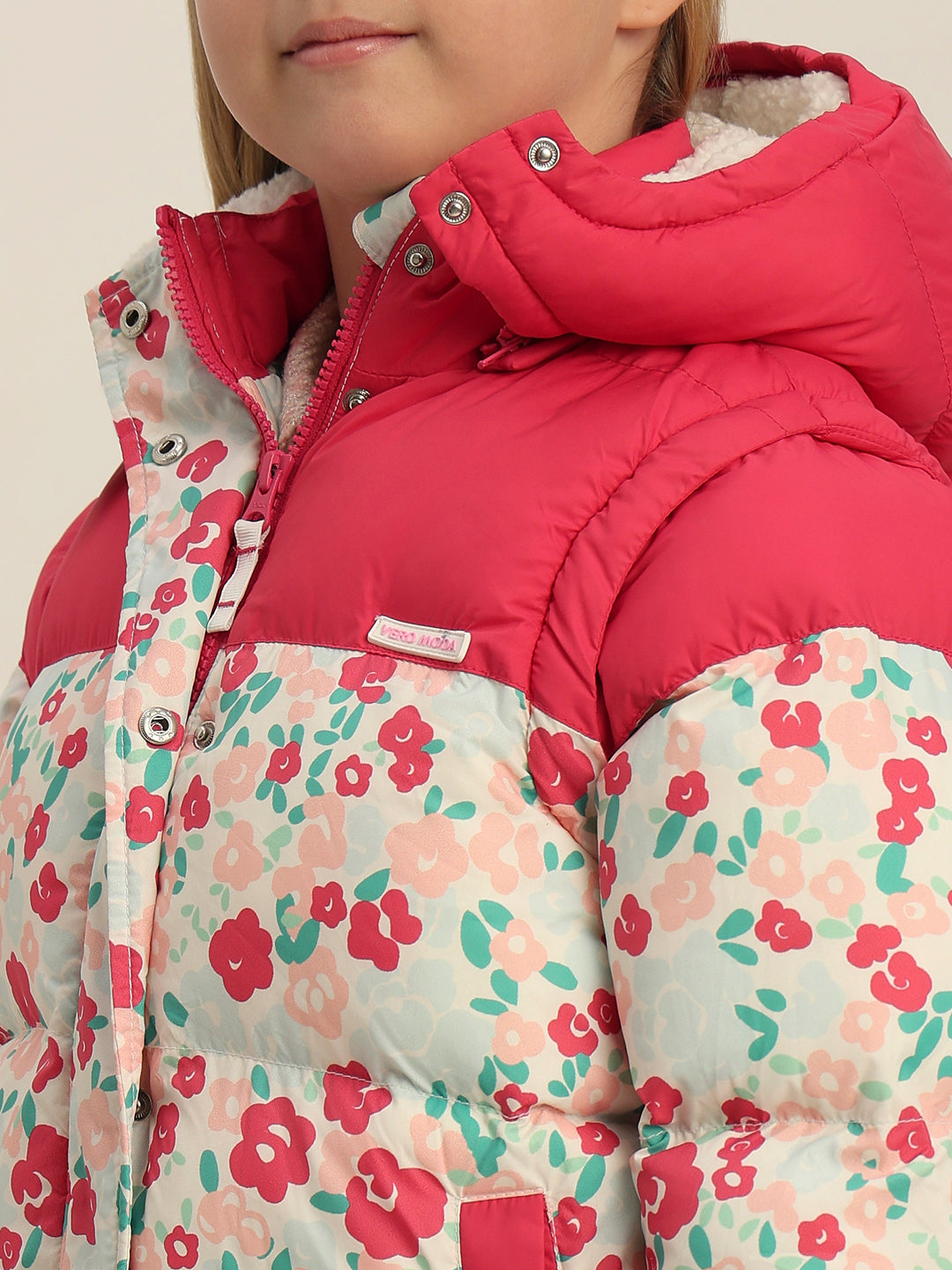 Girls Pink Printed Hooded Puffer Jacket