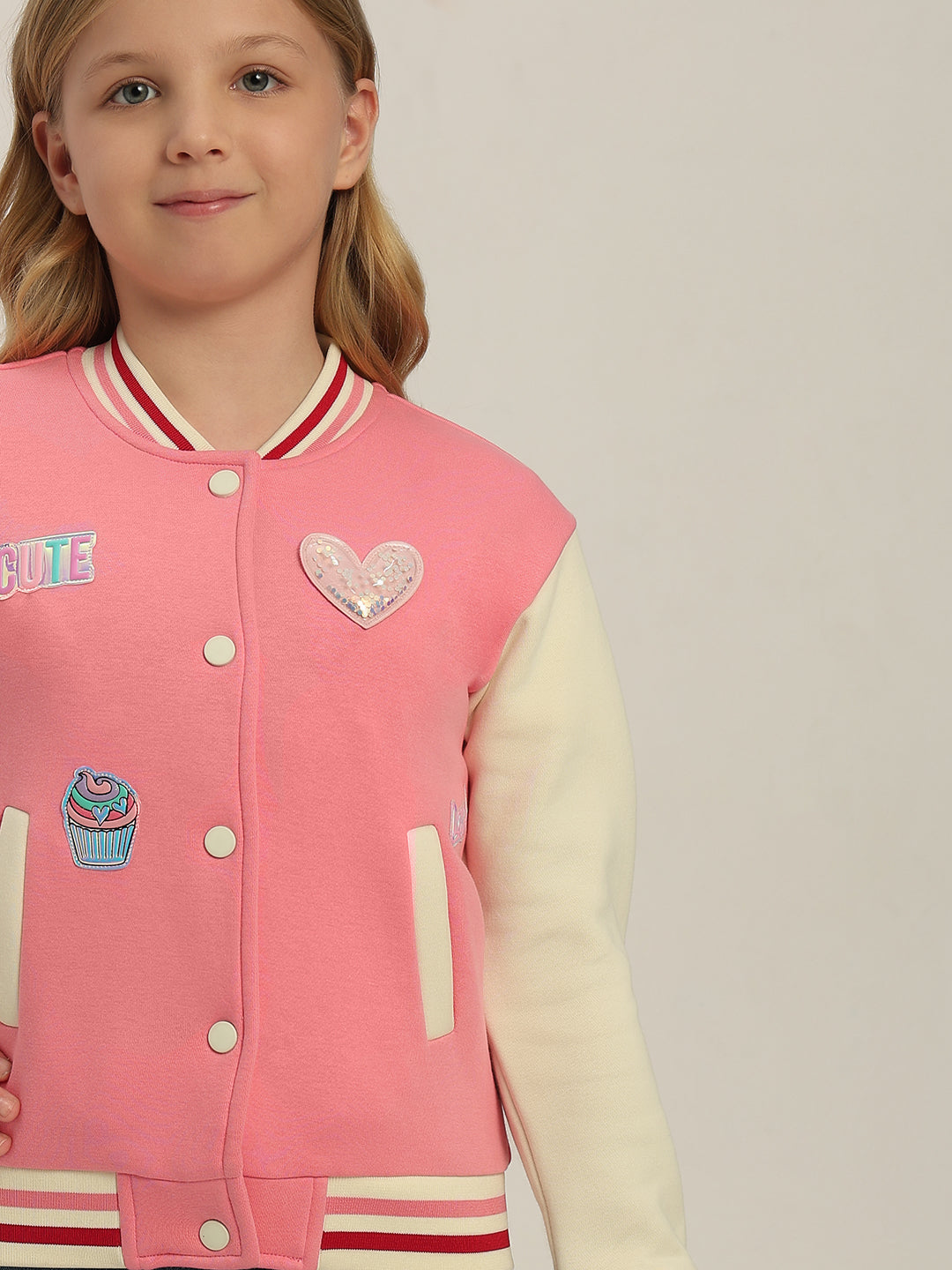 GIRLS Pink Printed Varsity Jacket