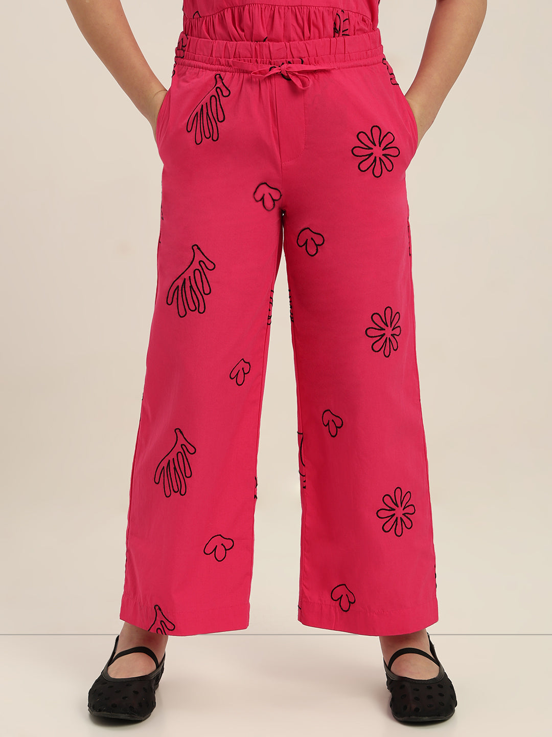 GIRLS Pink Printed Relaxed Fit Pants
