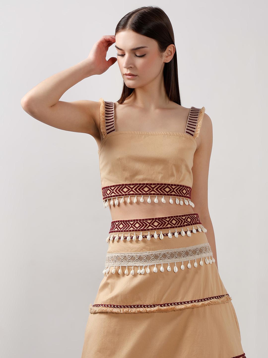 Vero Moda Beige Shell Tassels Cotton Crop Top