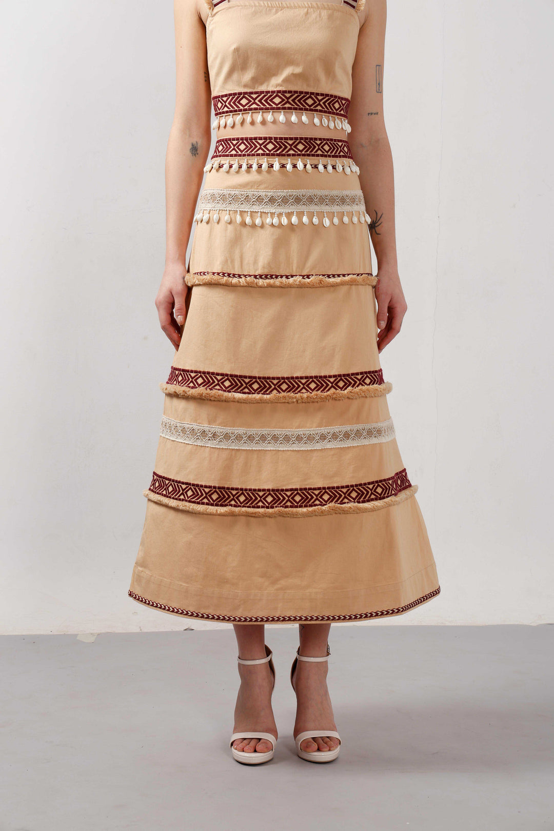 Vero Moda Beige Shell Tassels Midi Skirt