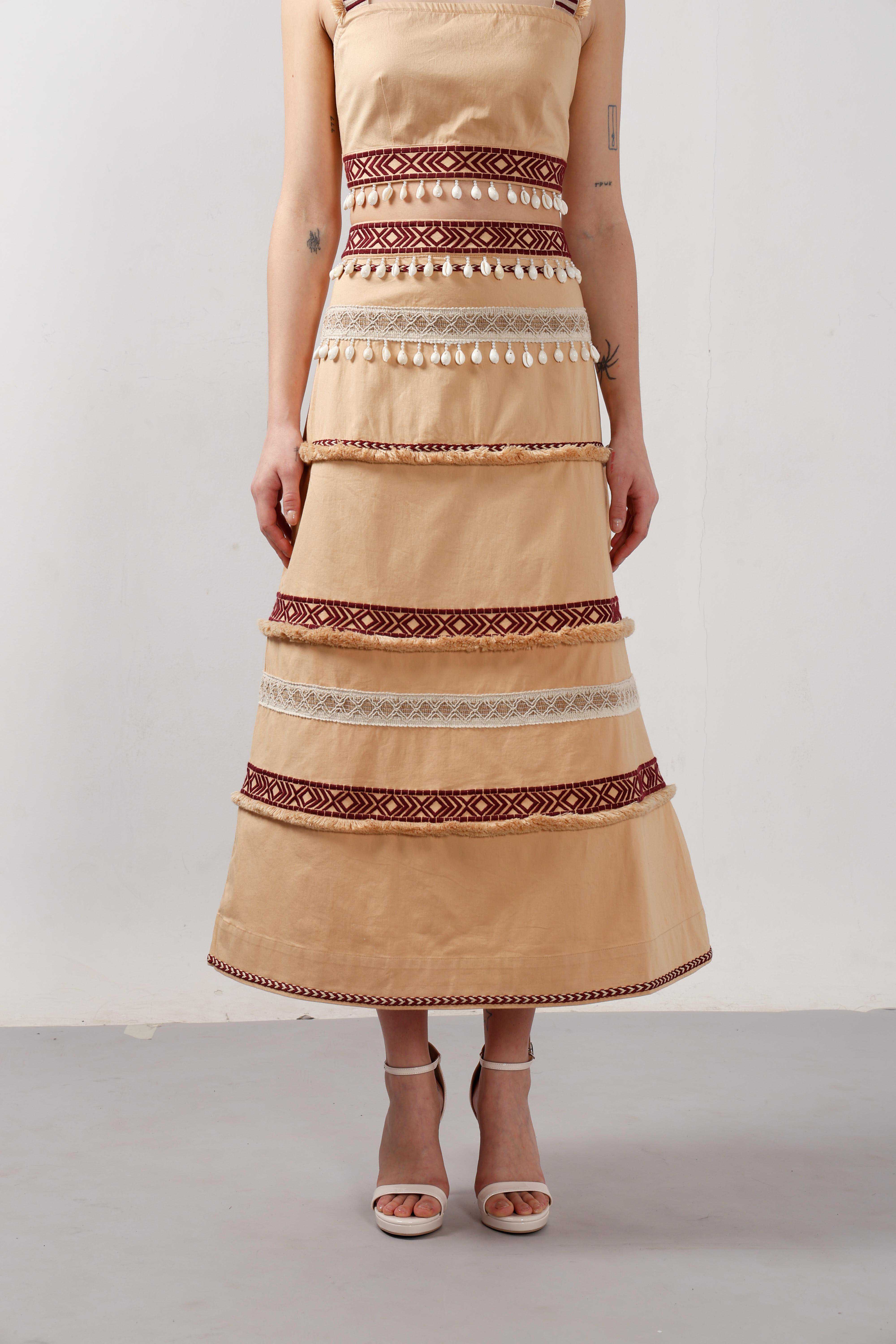 Vero Moda Beige Shell Tassels Midi Skirt