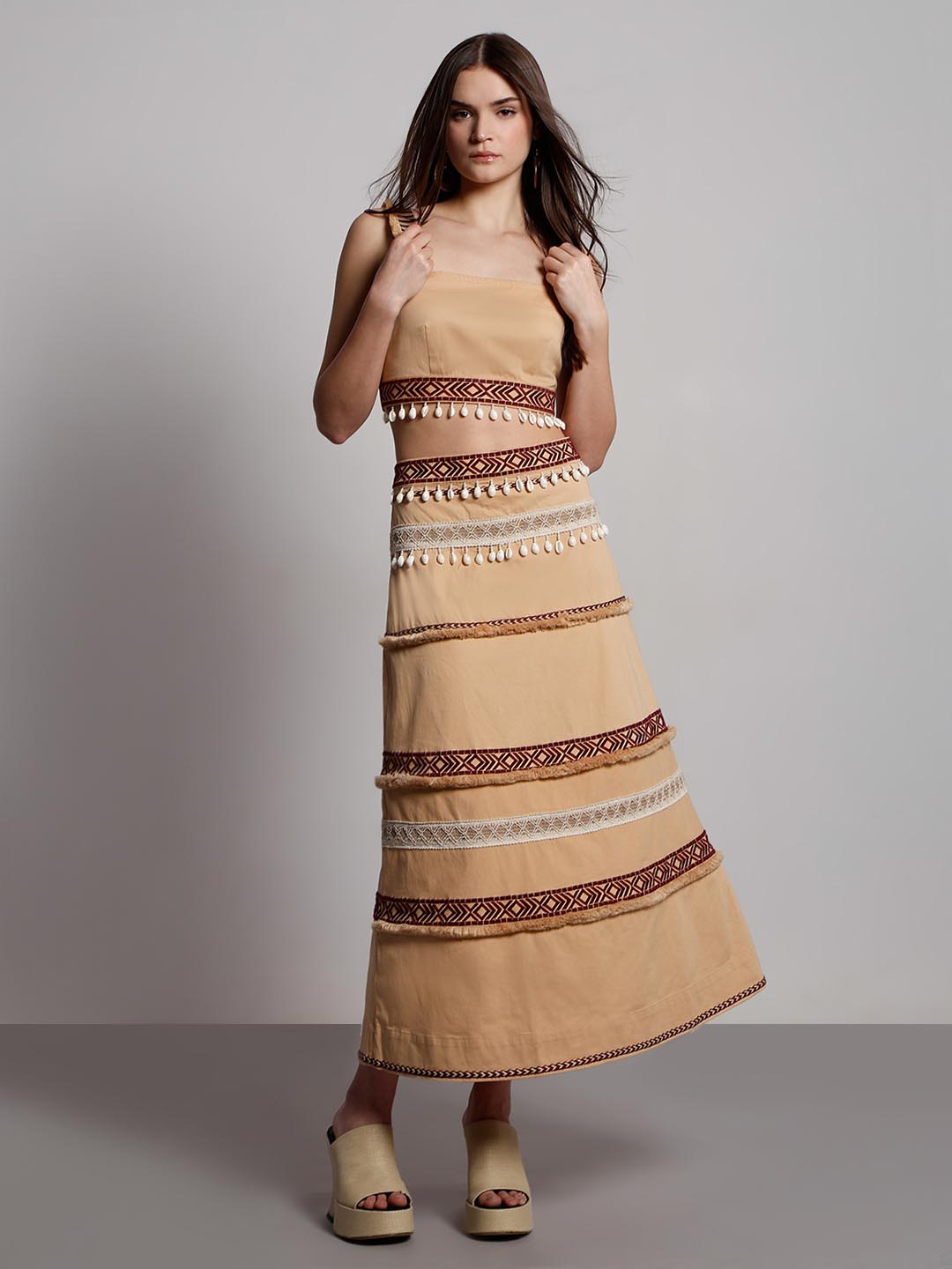 Vero Moda Beige Shell Tassels Midi Skirt