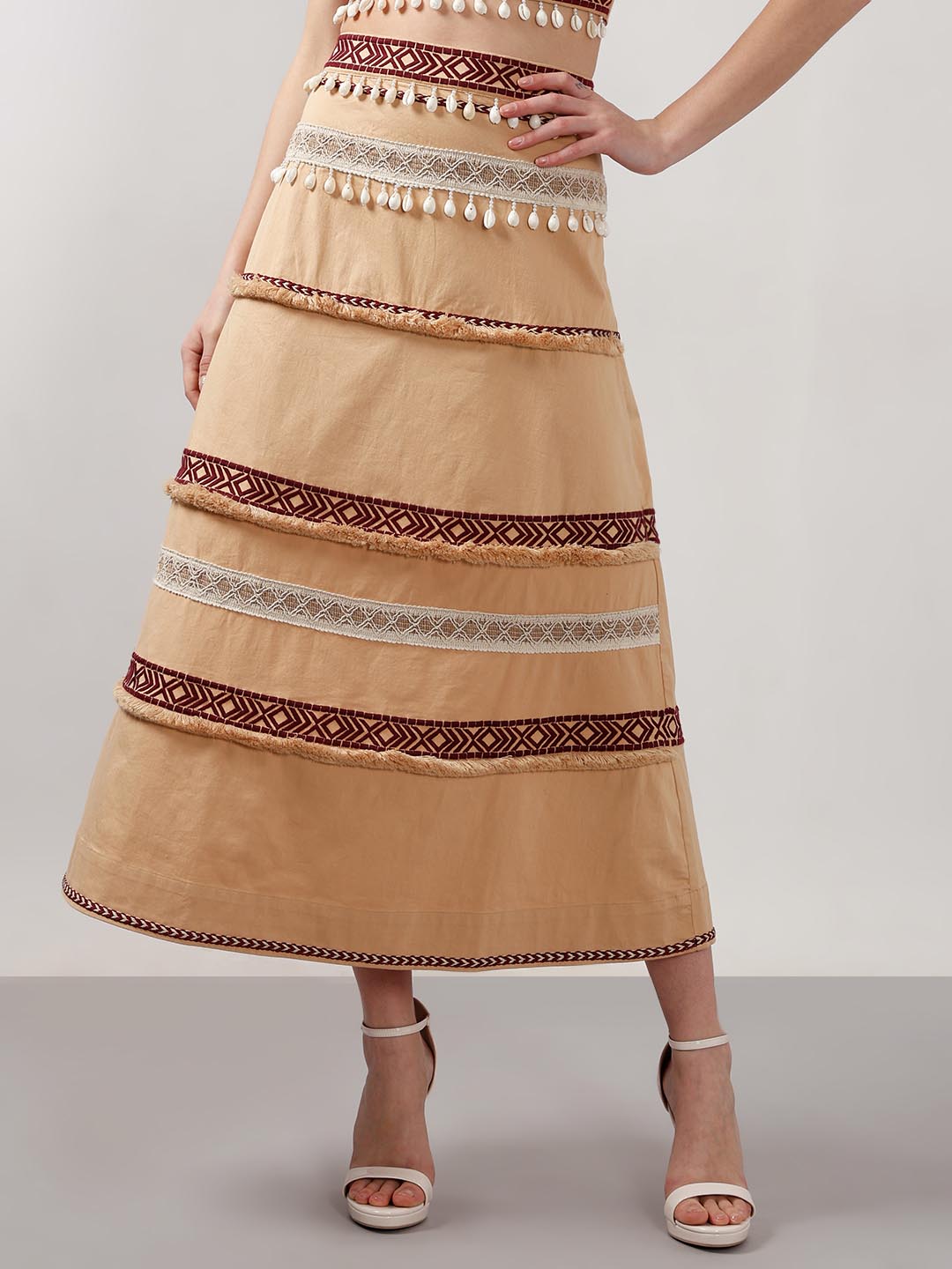 Vero Moda Beige Shell Tassels Midi Skirt