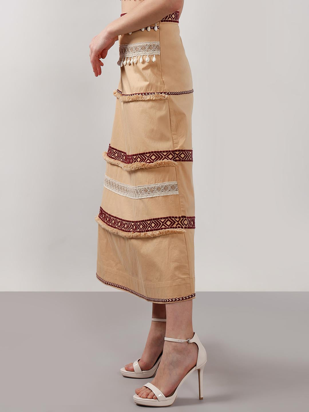 Vero Moda Beige Shell Tassels Midi Skirt