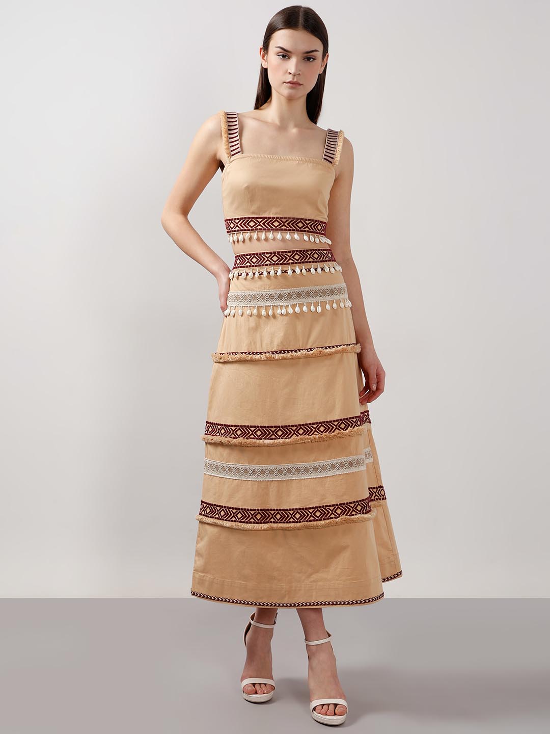 Vero Moda Beige Shell Tassels Midi Skirt