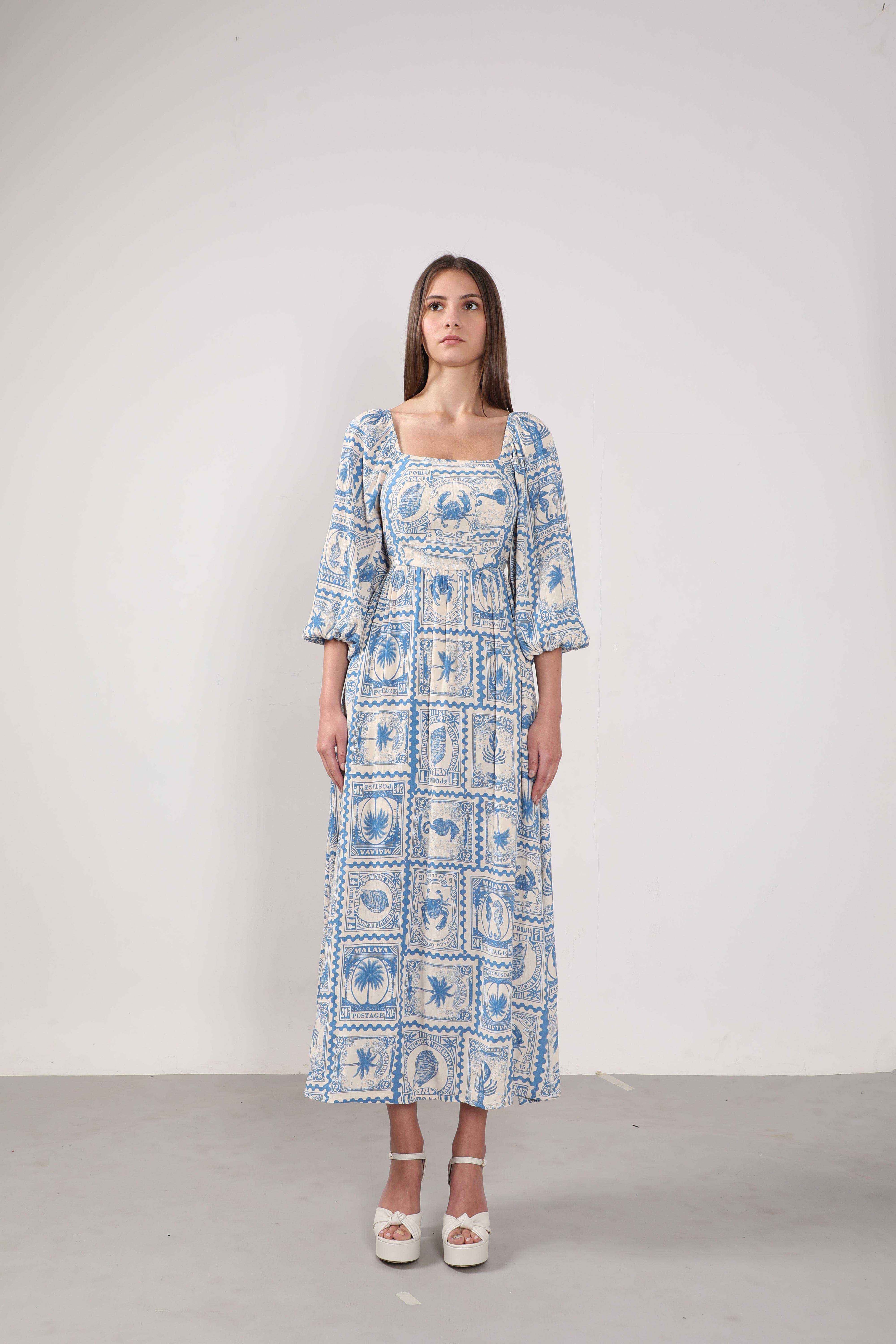 Vero Moda White & Blue Printed Viscose Dress