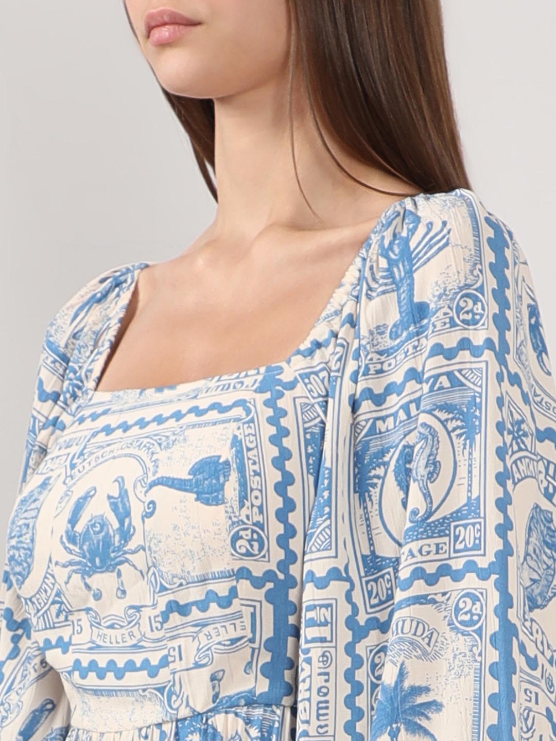 Vero Moda White & Blue Printed Viscose Dress