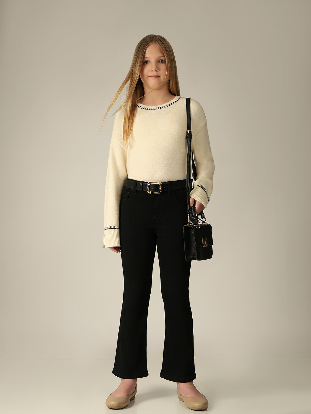 Girls Black Cotton Flared Jeans