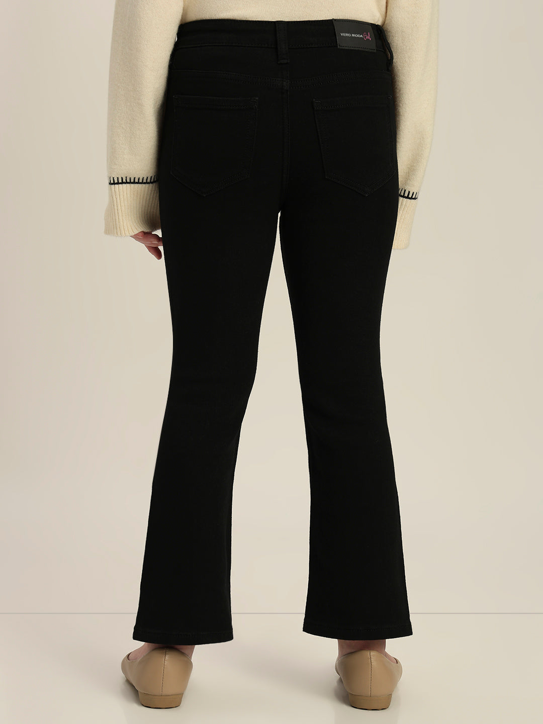 Girls Black Cotton Flared Jeans