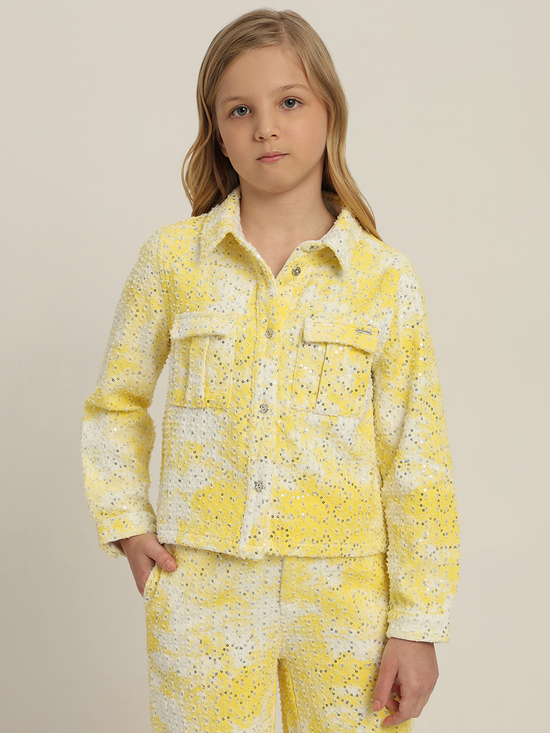 GIRLS Yellow Lace Embellished Shirt