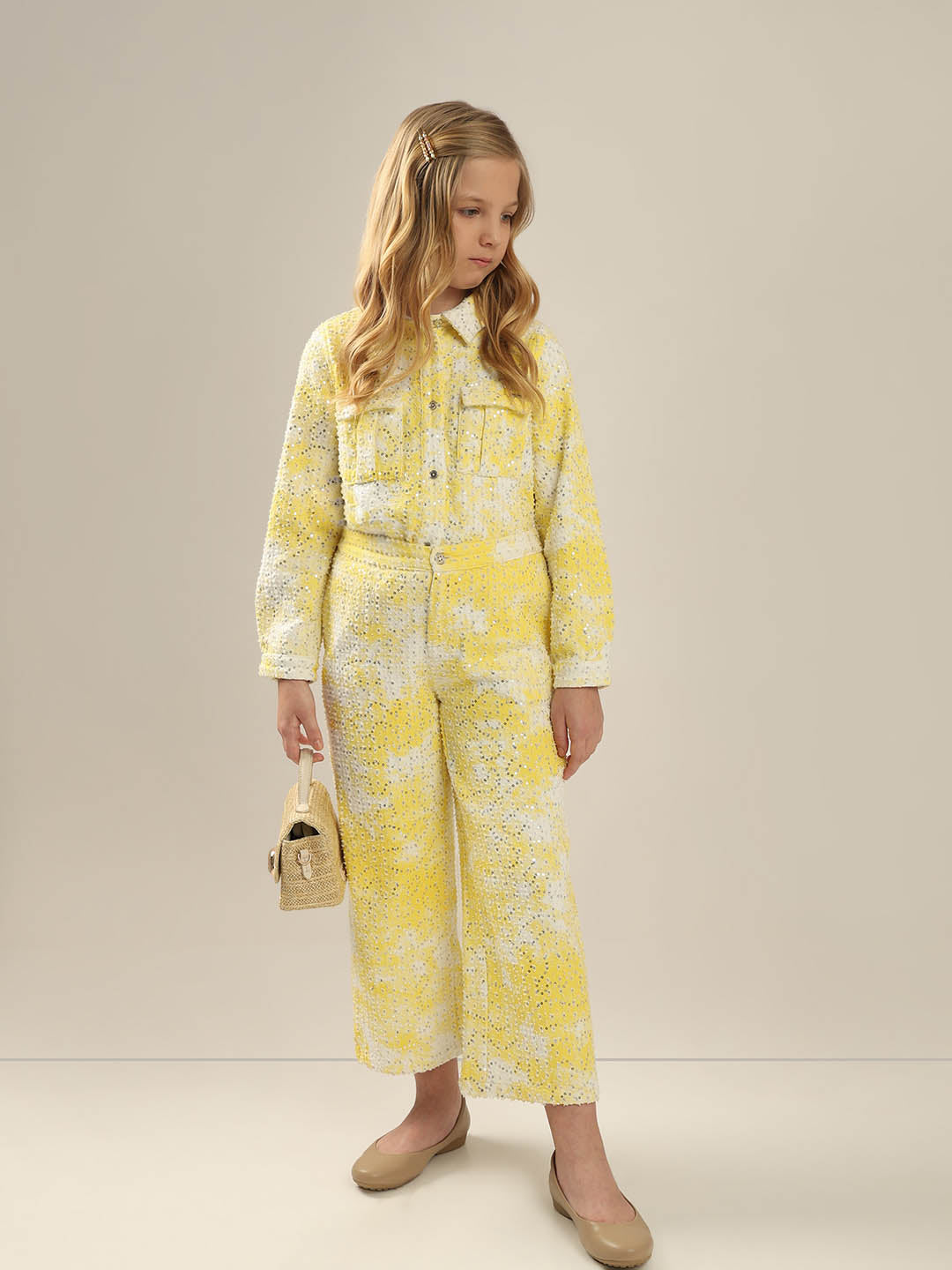 GIRLS Yellow Embellished Cotton Pants