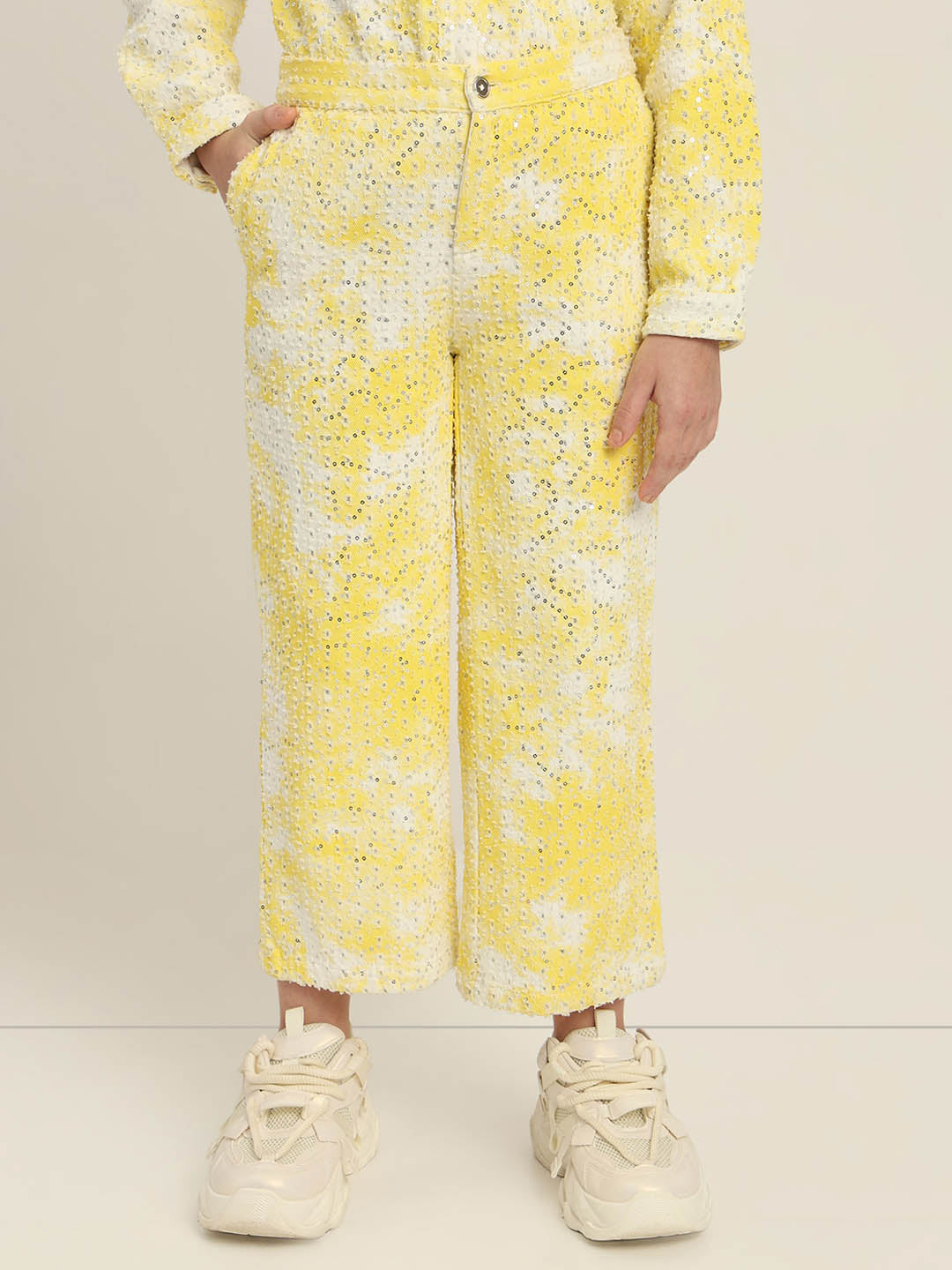 GIRLS Yellow Embellished Cotton Pants